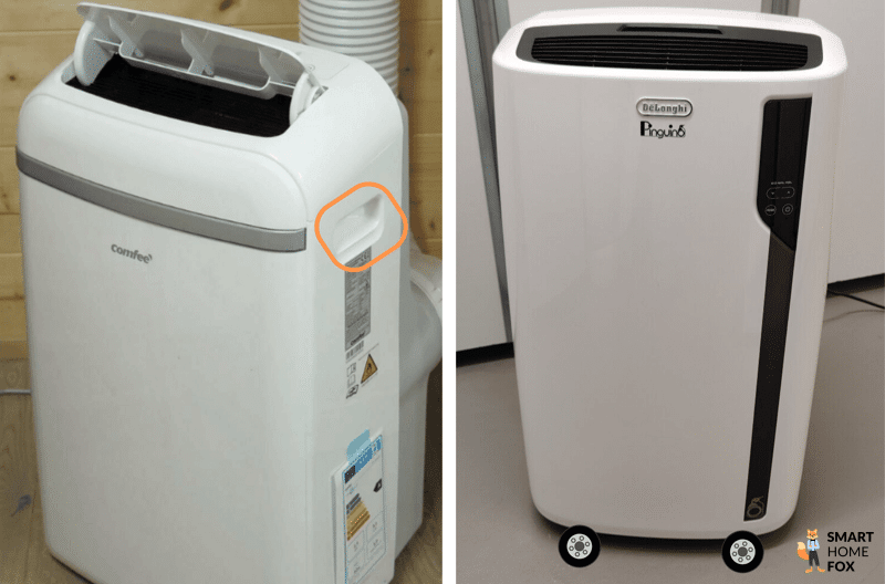 Die Griffmöglichkeiten an der Seite der Comfee mobilen Klimaanlage sind markiert, die Rollen der De’Longhi Pinguino sind eingezeichnet. Sie ermöglichen einen einfachen Transport von einem ins andere Zimmer und machen den Monoblock mobil.